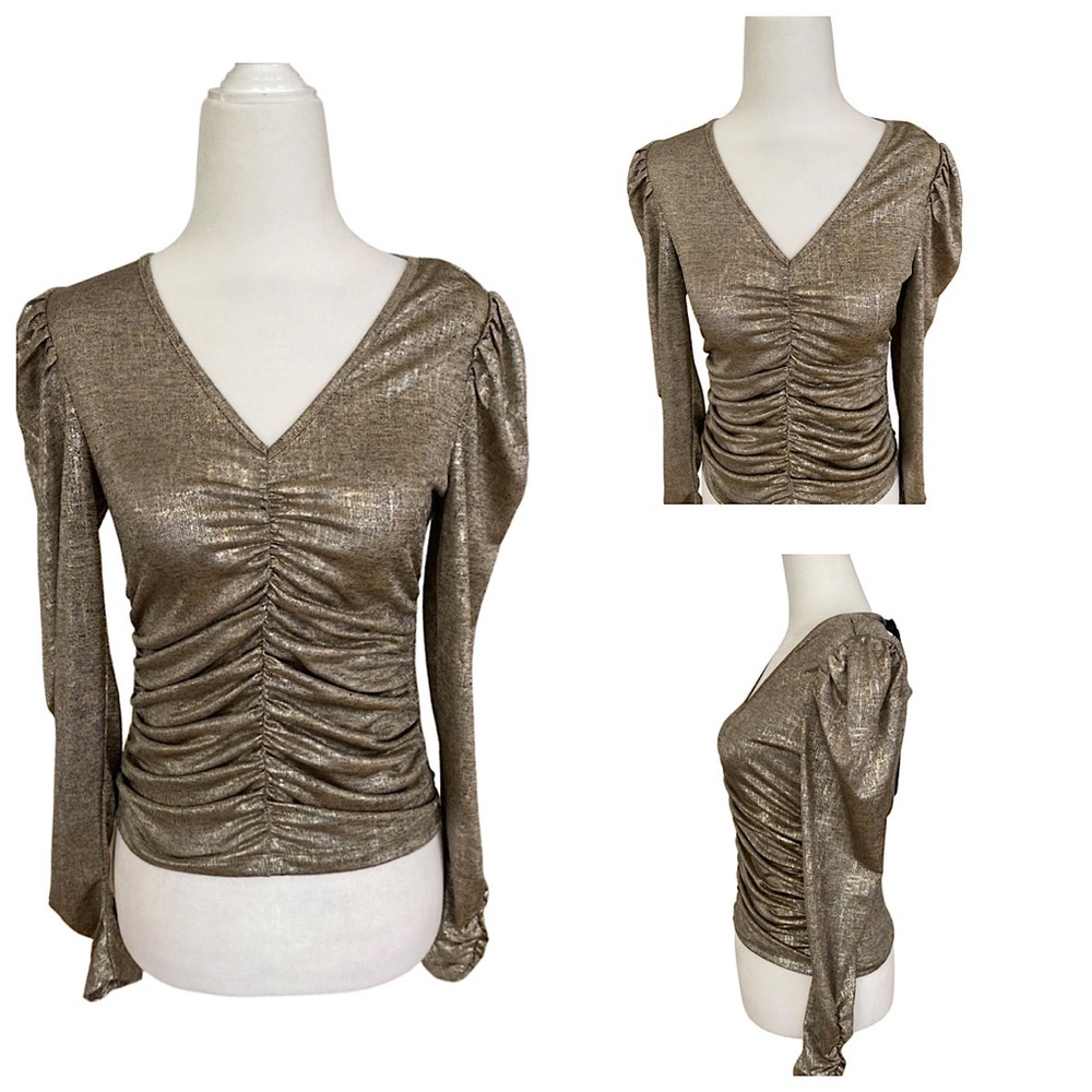 Rachel Zoe Metallic Ruched Long Sleeves Top. Size: Small